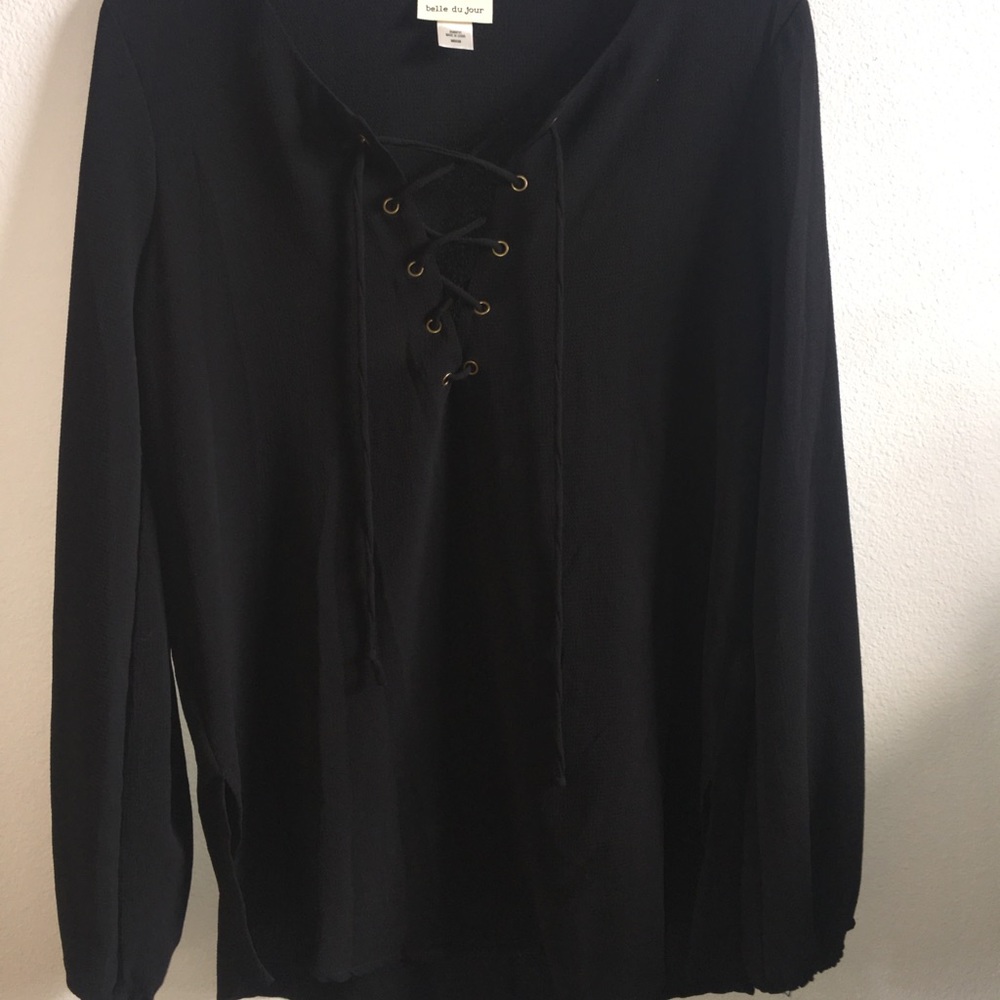 Belle du jour black lace up long sleeve shirt - Picture 2 of 3